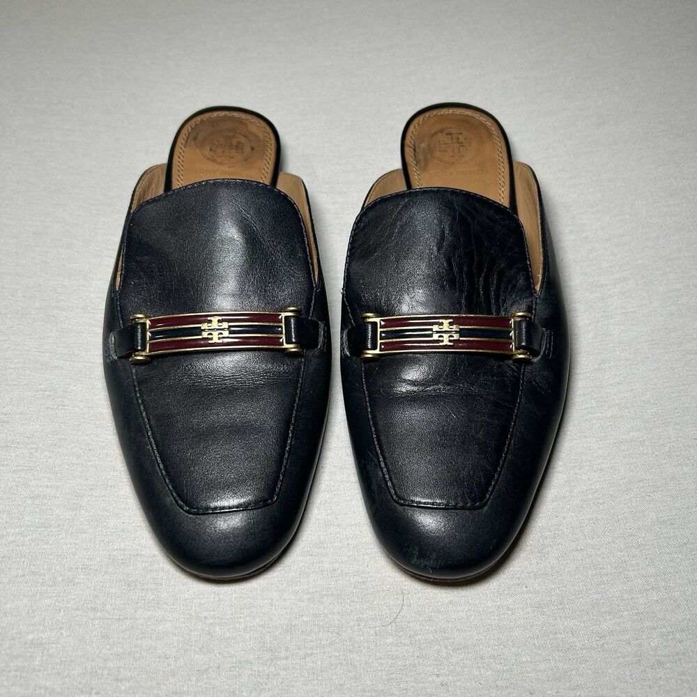 Tory Burch Amelia mule loafers black leather enamel hardware 6.5, preppy, work
